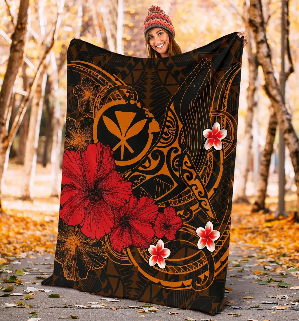 Polynesian Hawaii Kanaka Maoli Premium Blanket - Humpback Whale with Hibiscus (Golden)-Myprintsy