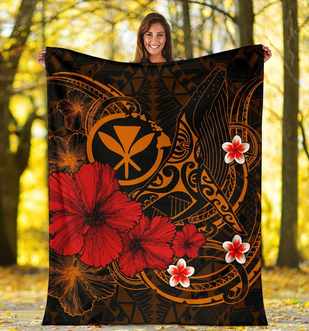 Polynesian Hawaii Kanaka Maoli Premium Blanket - Humpback Whale with Hibiscus (Golden)-Myprintsy