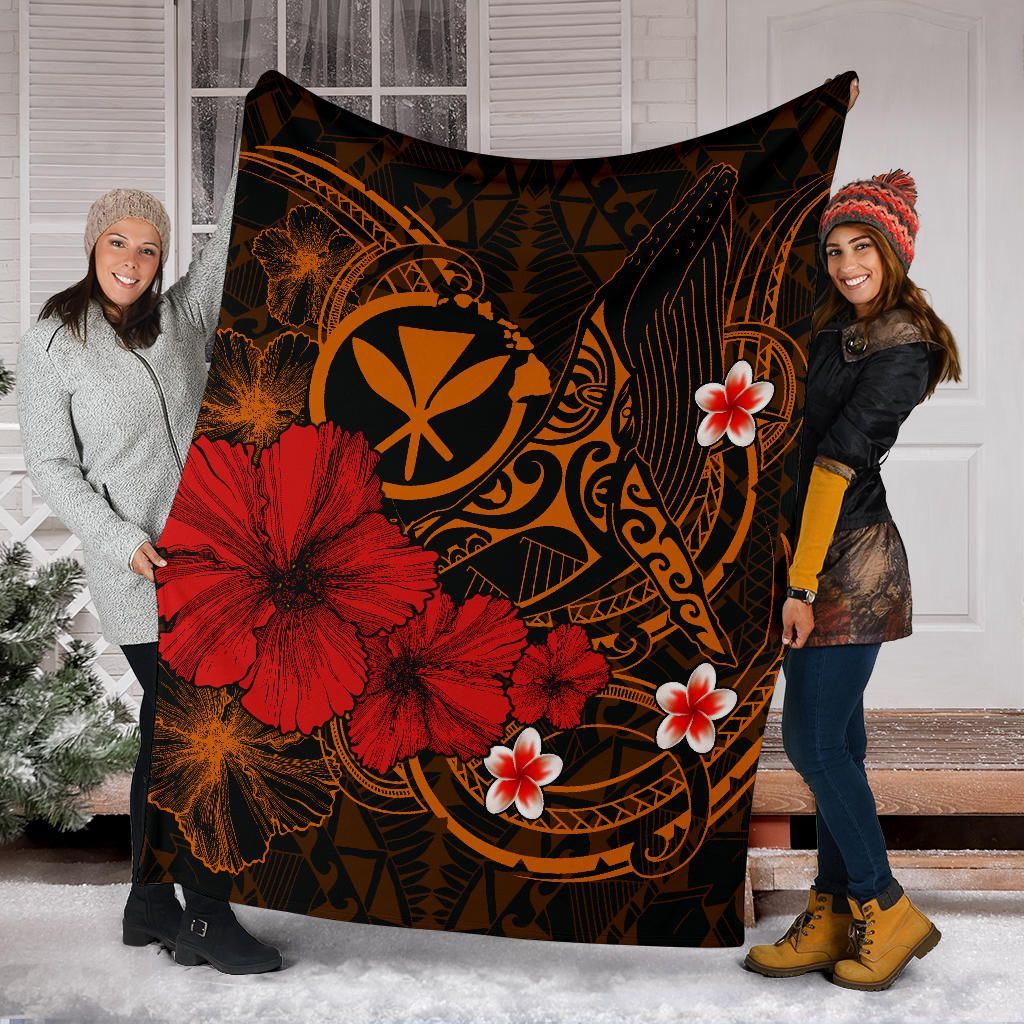 Polynesian Hawaii Kanaka Maoli Premium Blanket - Humpback Whale with Hibiscus (Golden)-Myprintsy