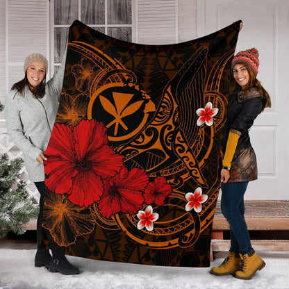 Polynesian Hawaii Kanaka Maoli Premium Blanket - Humpback Whale with Hibiscus (Golden)-Myprintsy