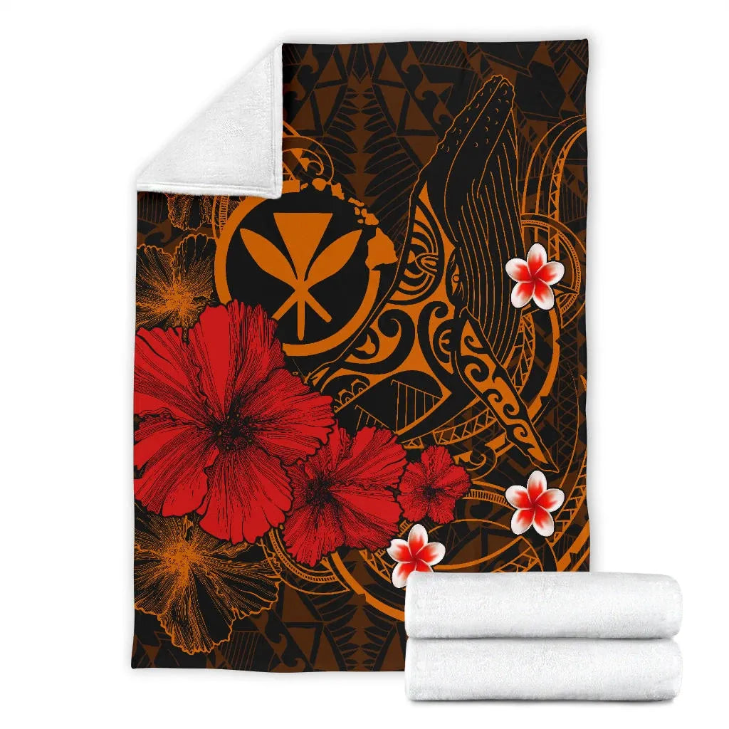 Polynesian Hawaii Kanaka Maoli Premium Blanket - Humpback Whale with Hibiscus (Golden)-Myprintsy