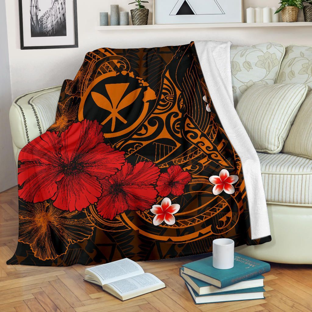 Polynesian Hawaii Kanaka Maoli Premium Blanket - Humpback Whale with Hibiscus (Golden)-Myprintsy