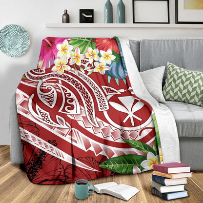 Polynesian Hawaii Kanaka Maoli Premium Blanket - Summer Plumeria (Red)-Myprintsy
