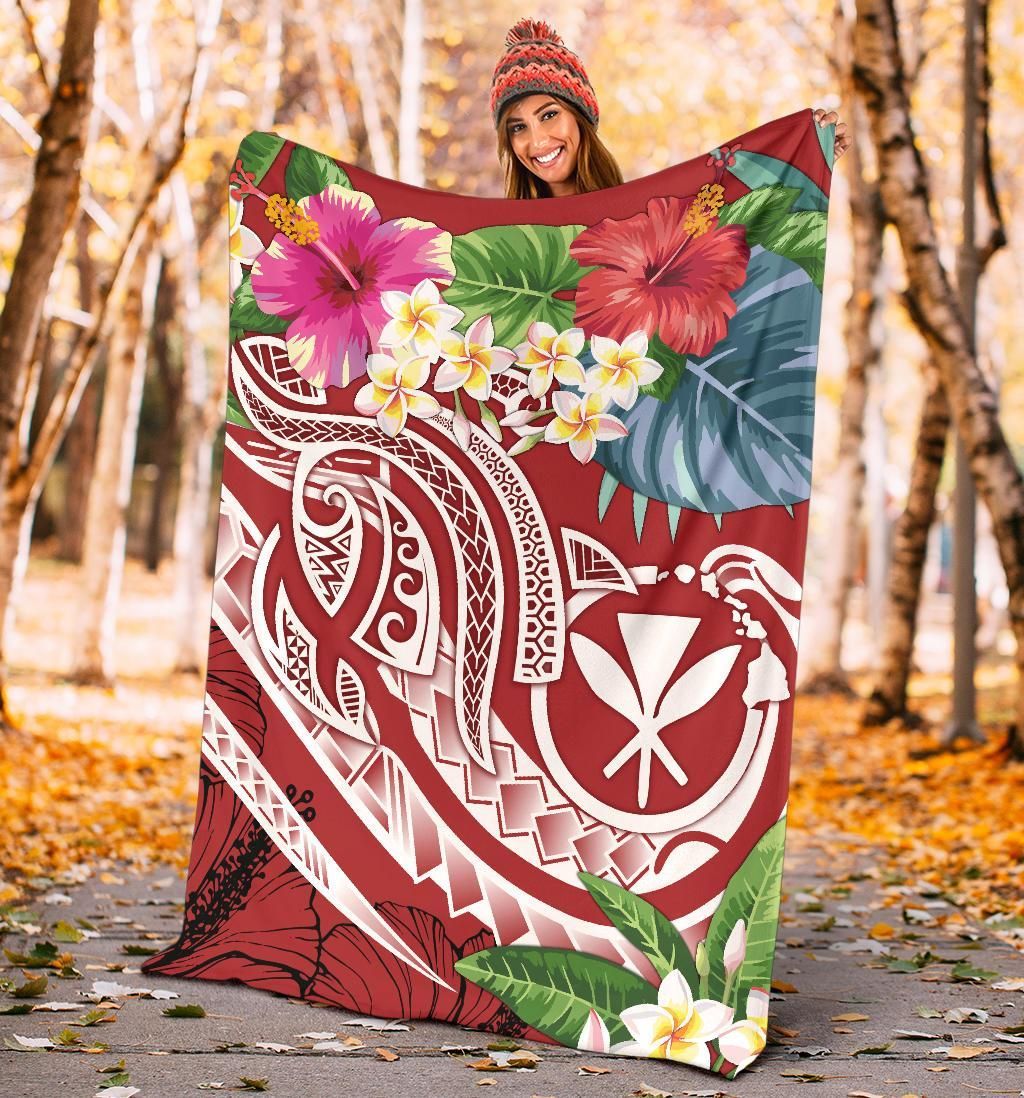 Polynesian Hawaii Kanaka Maoli Premium Blanket - Summer Plumeria (Red)-Myprintsy