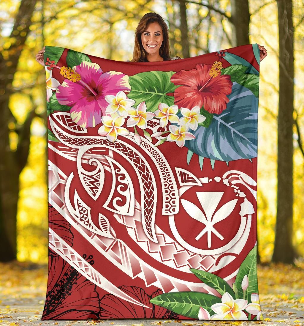 Polynesian Hawaii Kanaka Maoli Premium Blanket - Summer Plumeria (Red)-Myprintsy