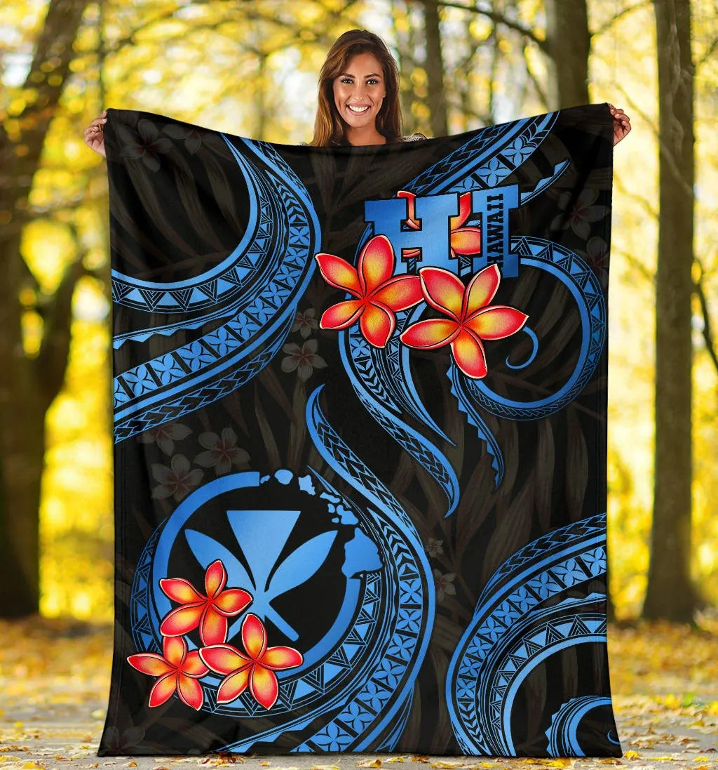 Polynesian Hawaii Premium Blanket - Blue Plumeria-Myprintsy
