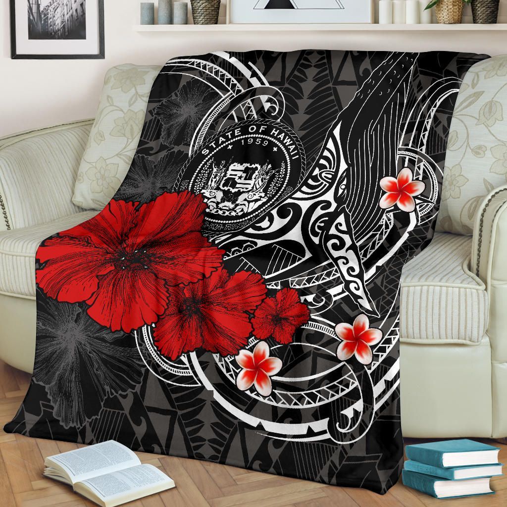 Polynesian Hawaii Premium Blanket - Humpback Whale with Hibiscus (White)-Myprintsy