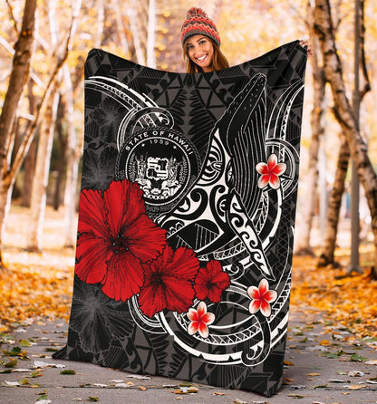 Polynesian Hawaii Premium Blanket - Humpback Whale with Hibiscus (White)-Myprintsy