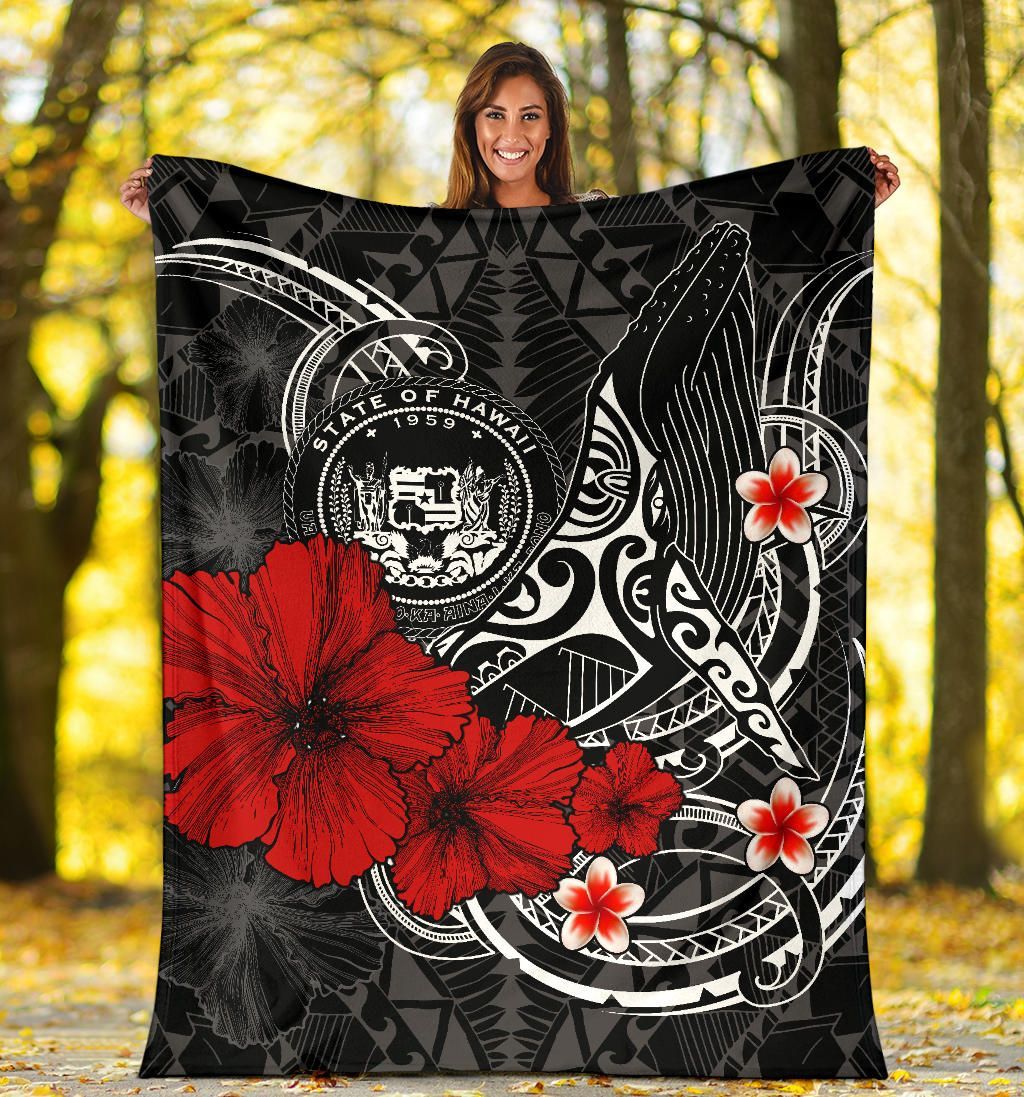 Polynesian Hawaii Premium Blanket - Humpback Whale with Hibiscus (White)-Myprintsy