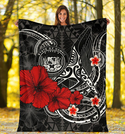 Polynesian Hawaii Premium Blanket - Humpback Whale with Hibiscus (White)-Myprintsy