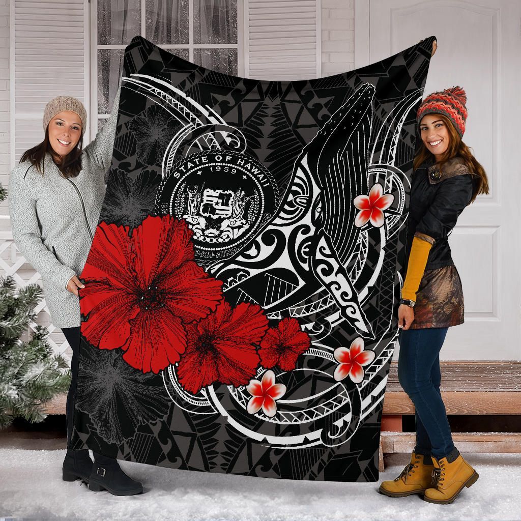 Polynesian Hawaii Premium Blanket - Humpback Whale with Hibiscus (White)-Myprintsy