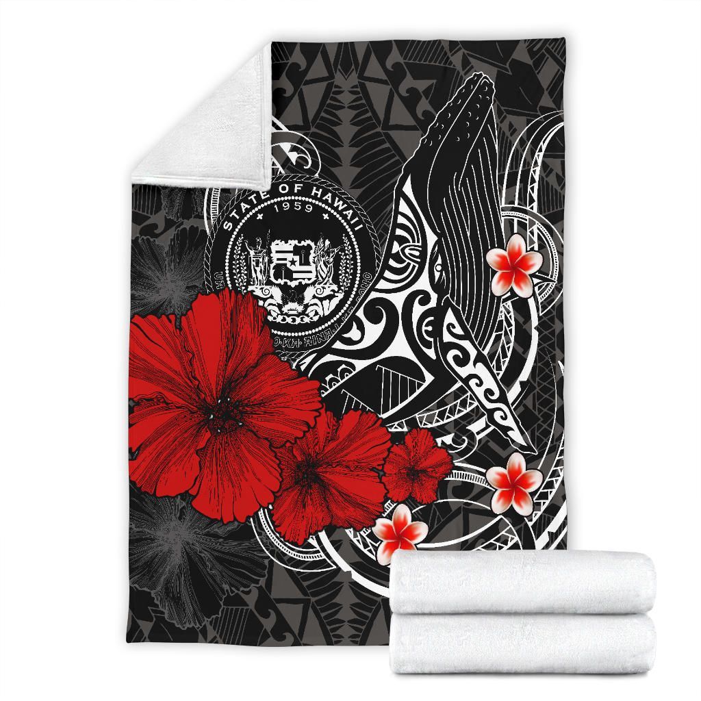 Polynesian Hawaii Premium Blanket - Humpback Whale with Hibiscus (White)-Myprintsy