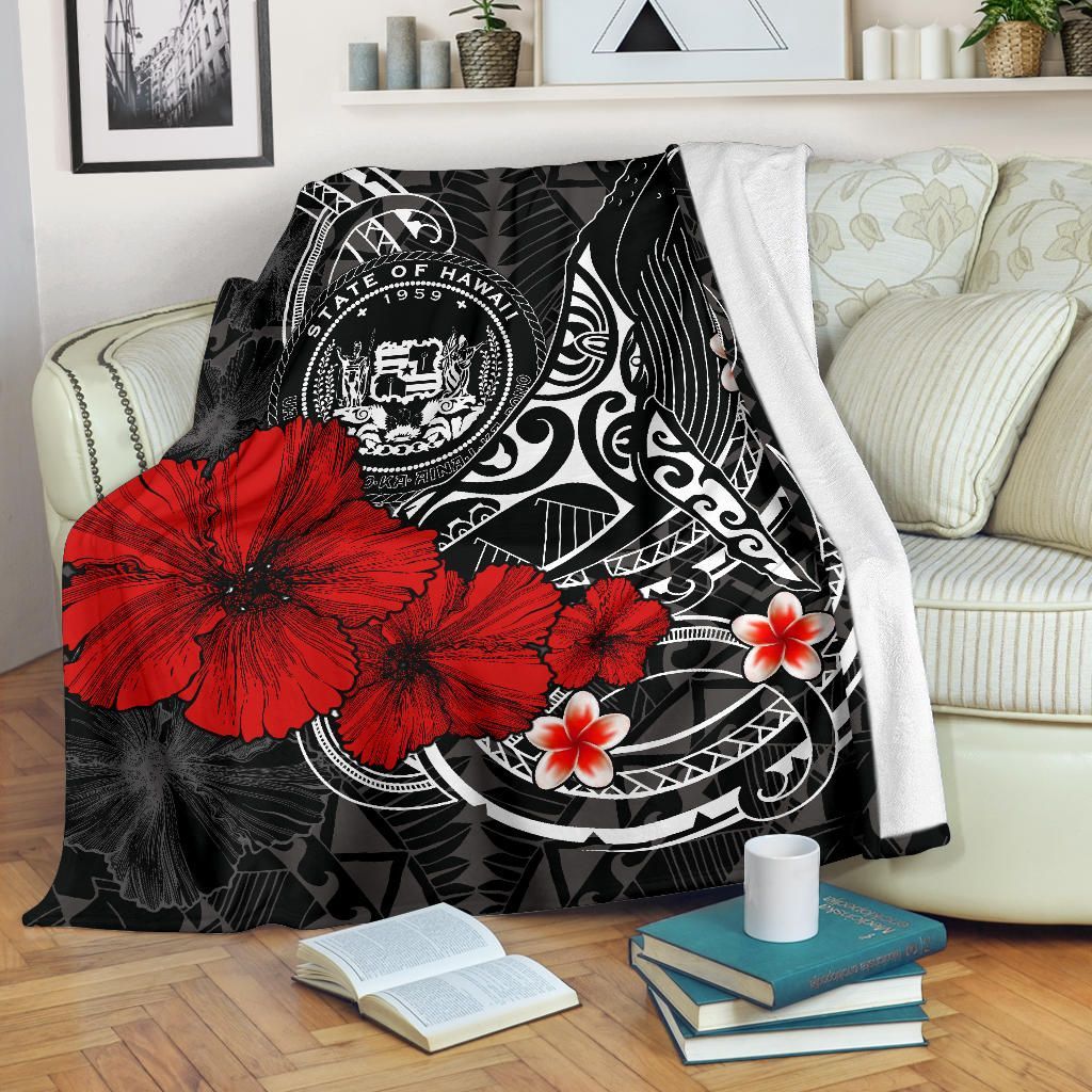 Polynesian Hawaii Premium Blanket - Humpback Whale with Hibiscus (White)-Myprintsy