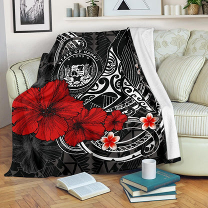 Polynesian Hawaii Premium Blanket - Humpback Whale with Hibiscus (White)-Myprintsy