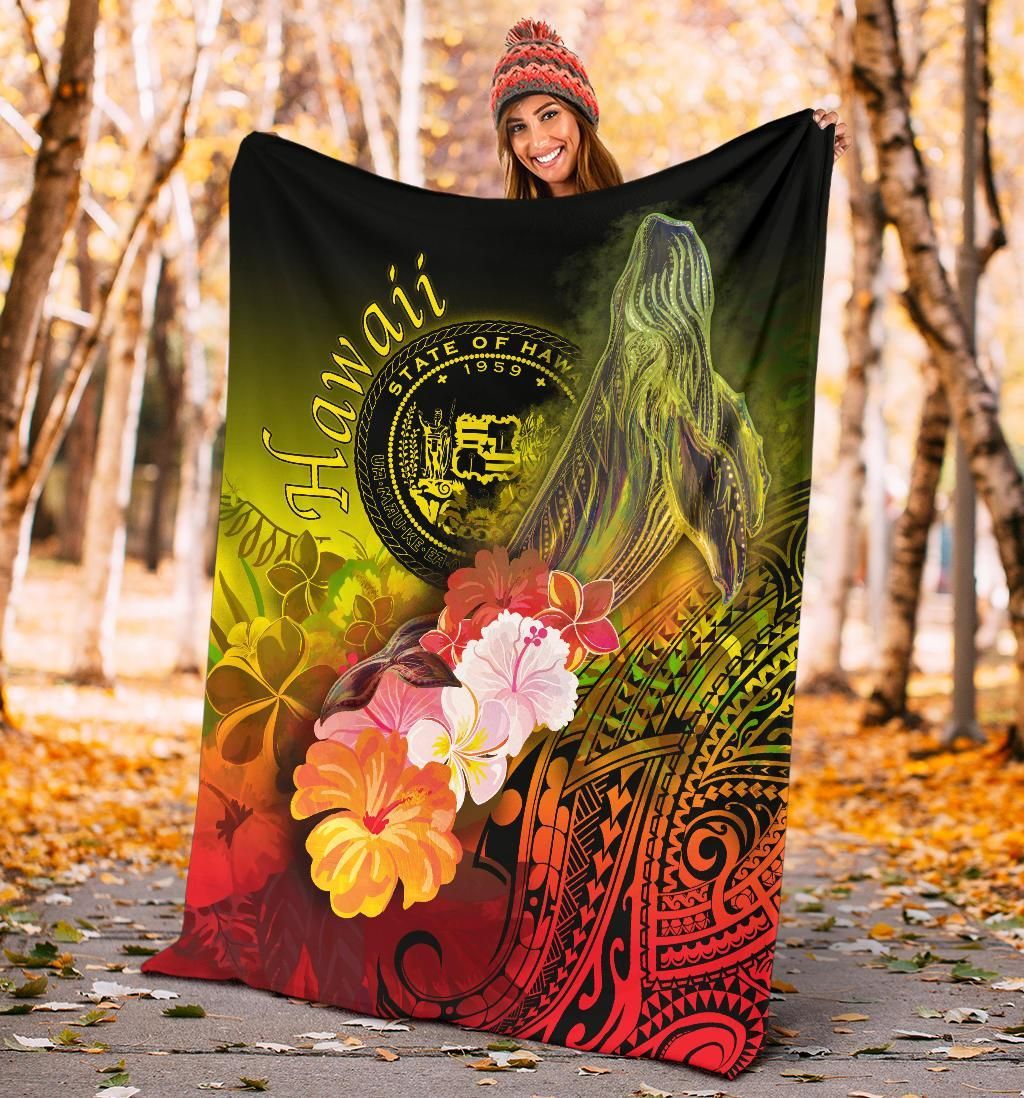 Polynesian Hawaii Premium Blanket - Humpback Whale with Tropical Flowers (Yellow)-Myprintsy
