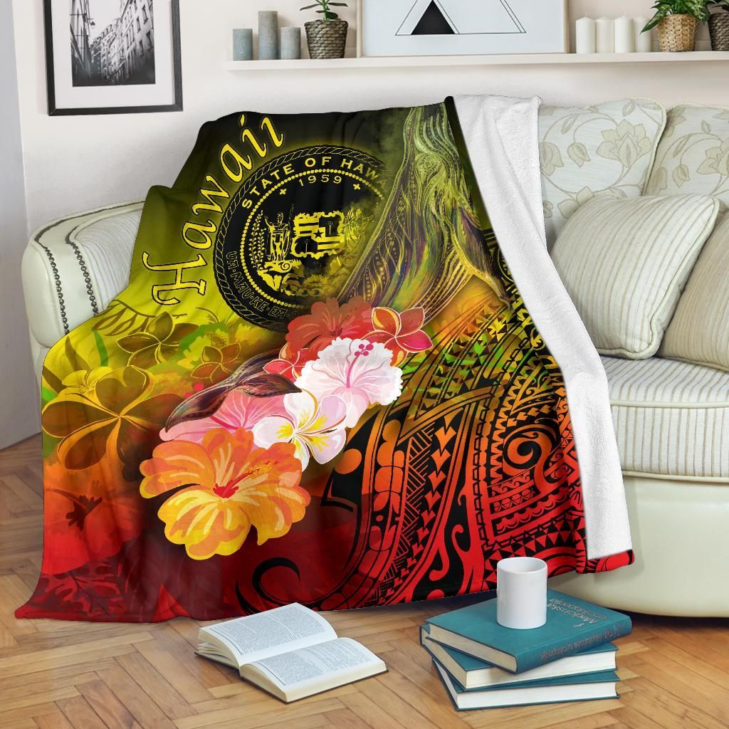 Polynesian Hawaii Premium Blanket - Humpback Whale with Tropical Flowers (Yellow)-Myprintsy