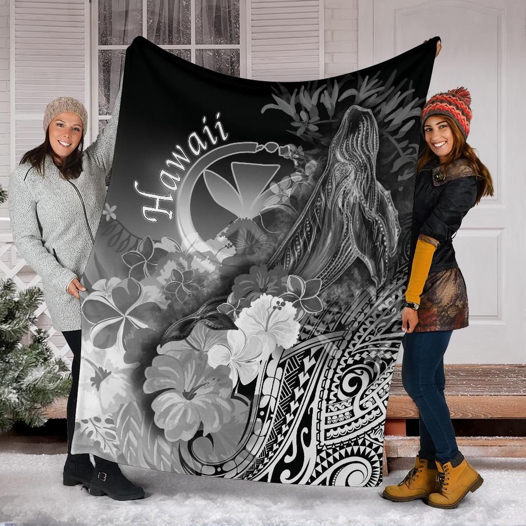 Polynesian Hawaii Premium Blanket - Kanaka Maoli Humpback Whale with Tropical Flowers (White)-Myprintsy