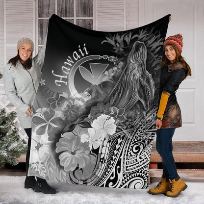Polynesian Hawaii Premium Blanket - Kanaka Maoli Humpback Whale with Tropical Flowers (White)-Myprintsy