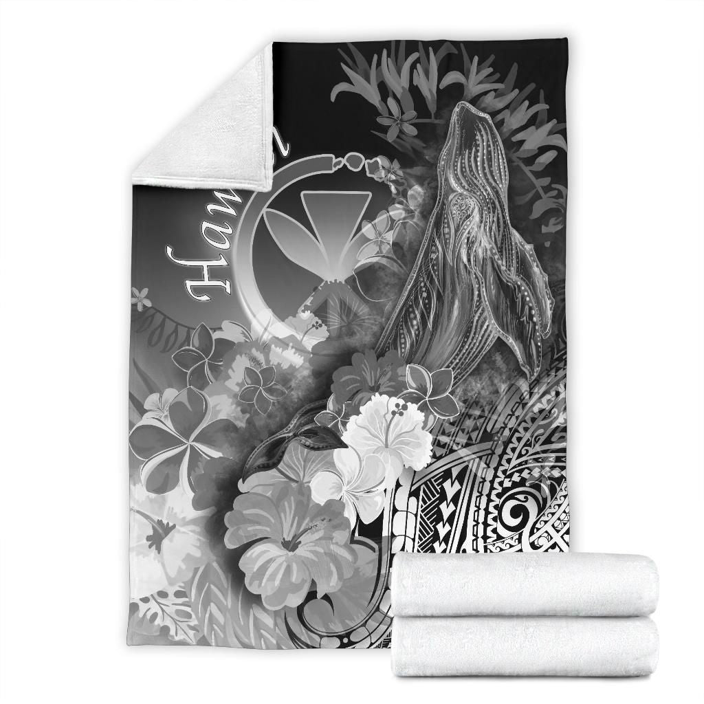 Polynesian Hawaii Premium Blanket - Kanaka Maoli Humpback Whale with Tropical Flowers (White)-Myprintsy