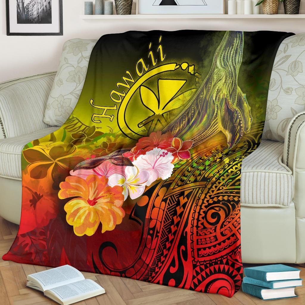 Polynesian Hawaii Premium Blanket - Kanaka Maoli Humpback Whale with Tropical Flowers (Yellow)-Myprintsy