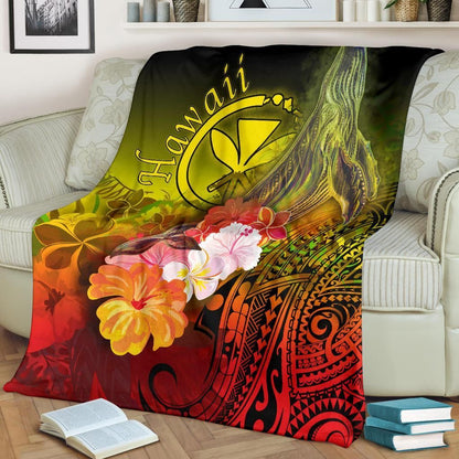 Polynesian Hawaii Premium Blanket - Kanaka Maoli Humpback Whale with Tropical Flowers (Yellow)-Myprintsy
