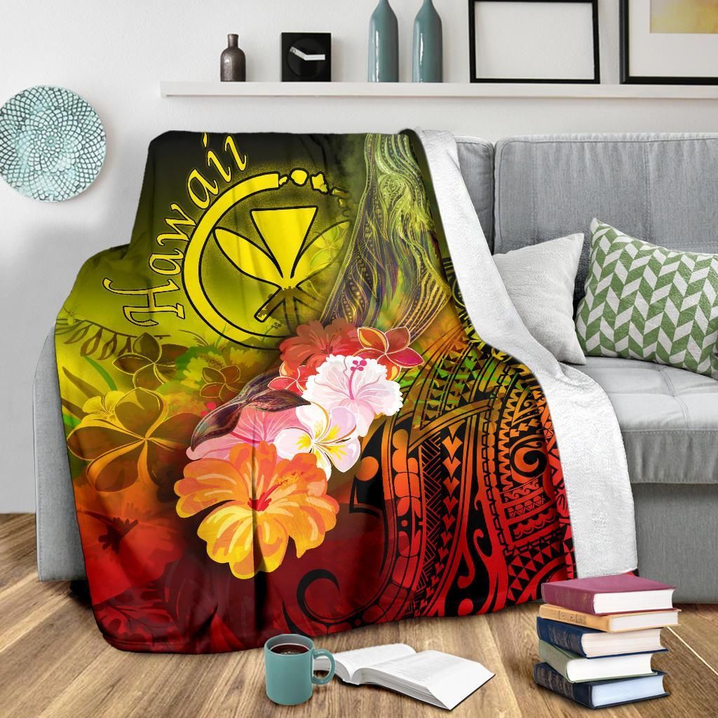 Polynesian Hawaii Premium Blanket - Kanaka Maoli Humpback Whale with Tropical Flowers (Yellow)-Myprintsy