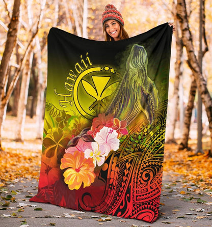 Polynesian Hawaii Premium Blanket - Kanaka Maoli Humpback Whale with Tropical Flowers (Yellow)-Myprintsy