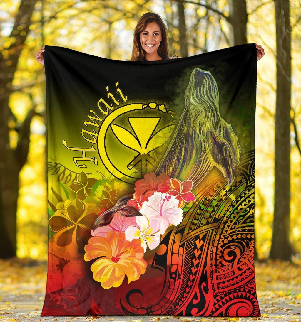 Polynesian Hawaii Premium Blanket - Kanaka Maoli Humpback Whale with Tropical Flowers (Yellow)-Myprintsy
