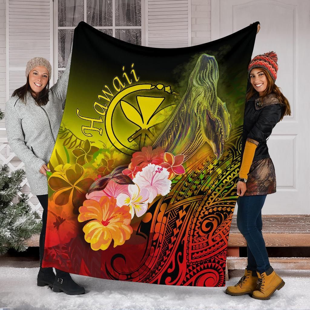 Polynesian Hawaii Premium Blanket - Kanaka Maoli Humpback Whale with Tropical Flowers (Yellow)-Myprintsy