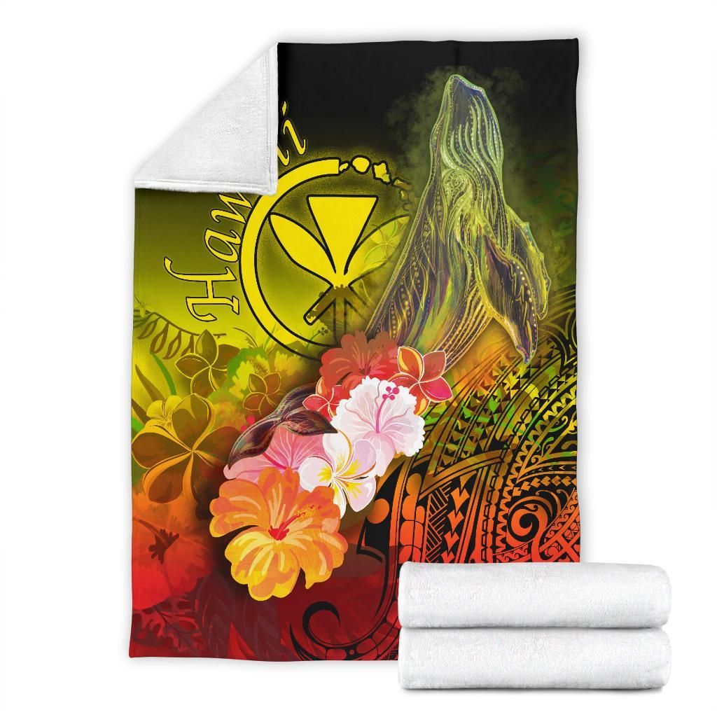 Polynesian Hawaii Premium Blanket - Kanaka Maoli Humpback Whale with Tropical Flowers (Yellow)-Myprintsy