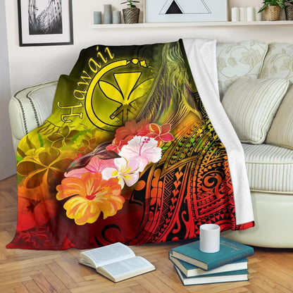 Polynesian Hawaii Premium Blanket - Kanaka Maoli Humpback Whale with Tropical Flowers (Yellow)-Myprintsy