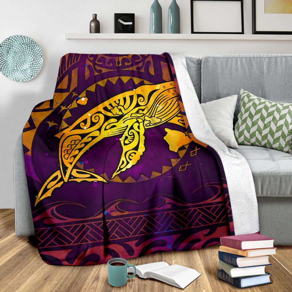 Polynesian Hawaii Premium Blanket - Whale Hawaii Map Purple Galaxy-Myprintsy