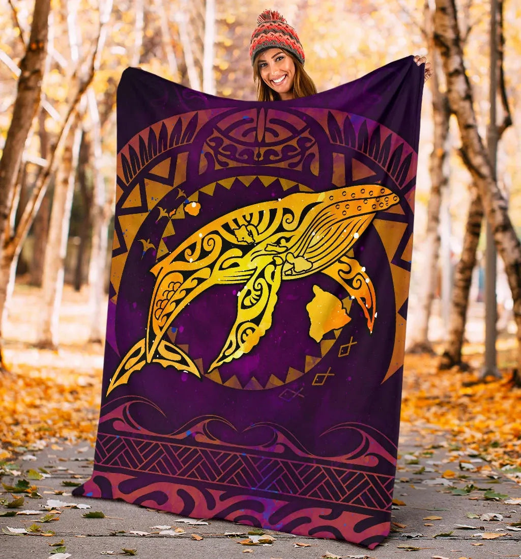 Polynesian Hawaii Premium Blanket - Whale Hawaii Map Purple Galaxy-Myprintsy