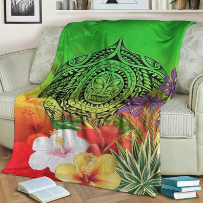 Polynesian Premium Blanket - Manta Ray Tropical Flowers (Green)-Myprintsy