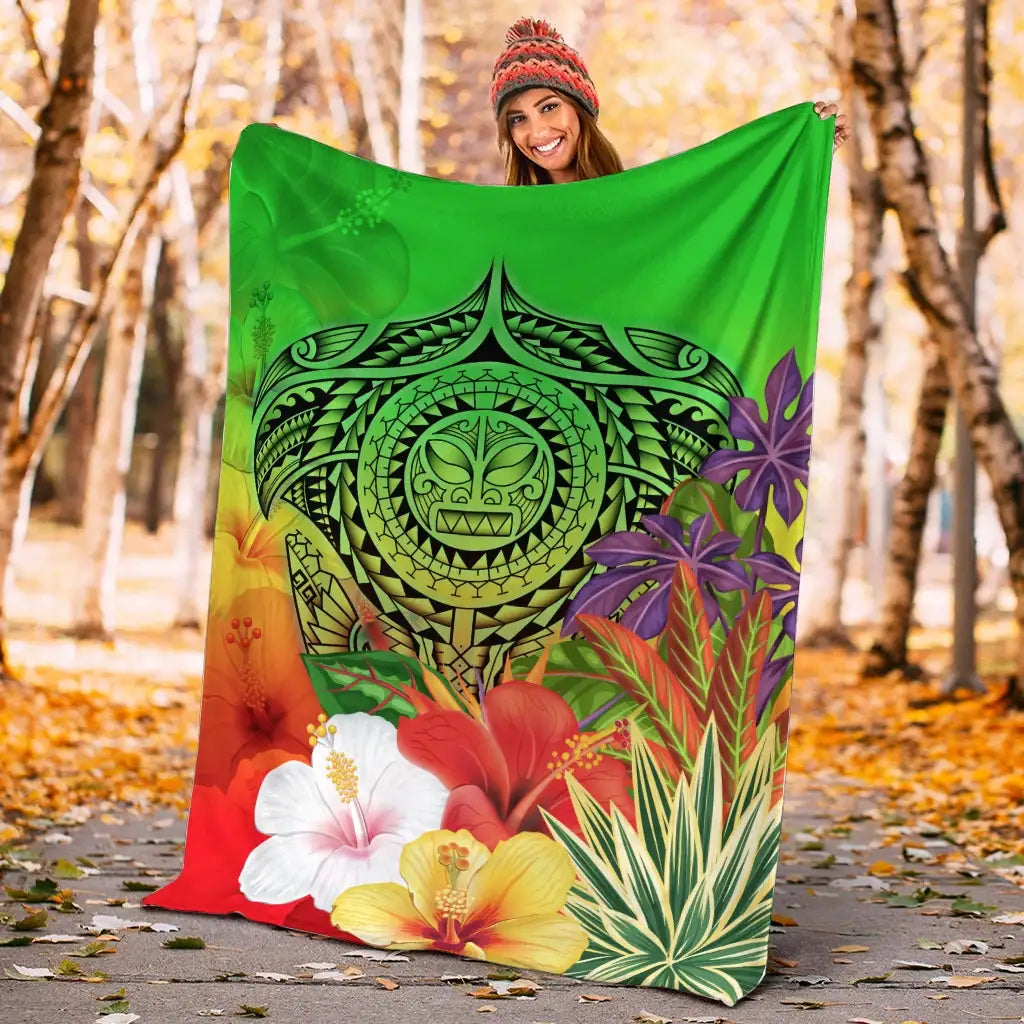 Polynesian Premium Blanket - Manta Ray Tropical Flowers (Green)-Myprintsy