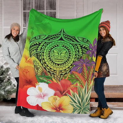 Polynesian Premium Blanket - Manta Ray Tropical Flowers (Green)-Myprintsy