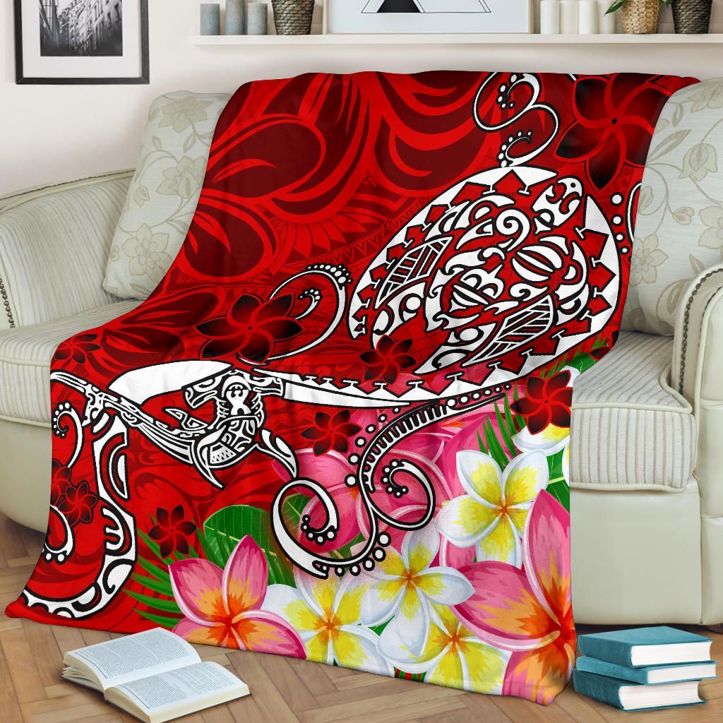 Polynesian Premium Blanket - Turtle Plumeria Red Color-Myprintsy