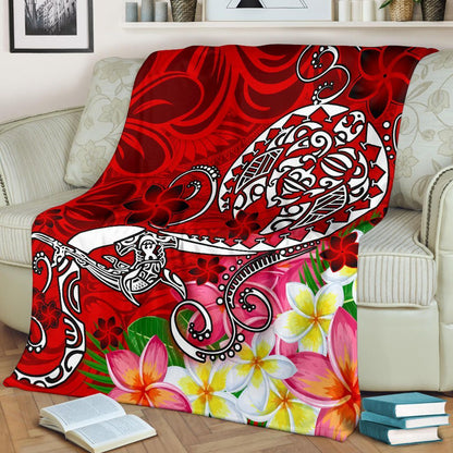 Polynesian Premium Blanket - Turtle Plumeria Red Color-Myprintsy