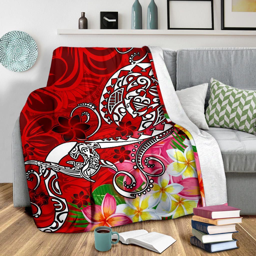 Polynesian Premium Blanket - Turtle Plumeria Red Color-Myprintsy