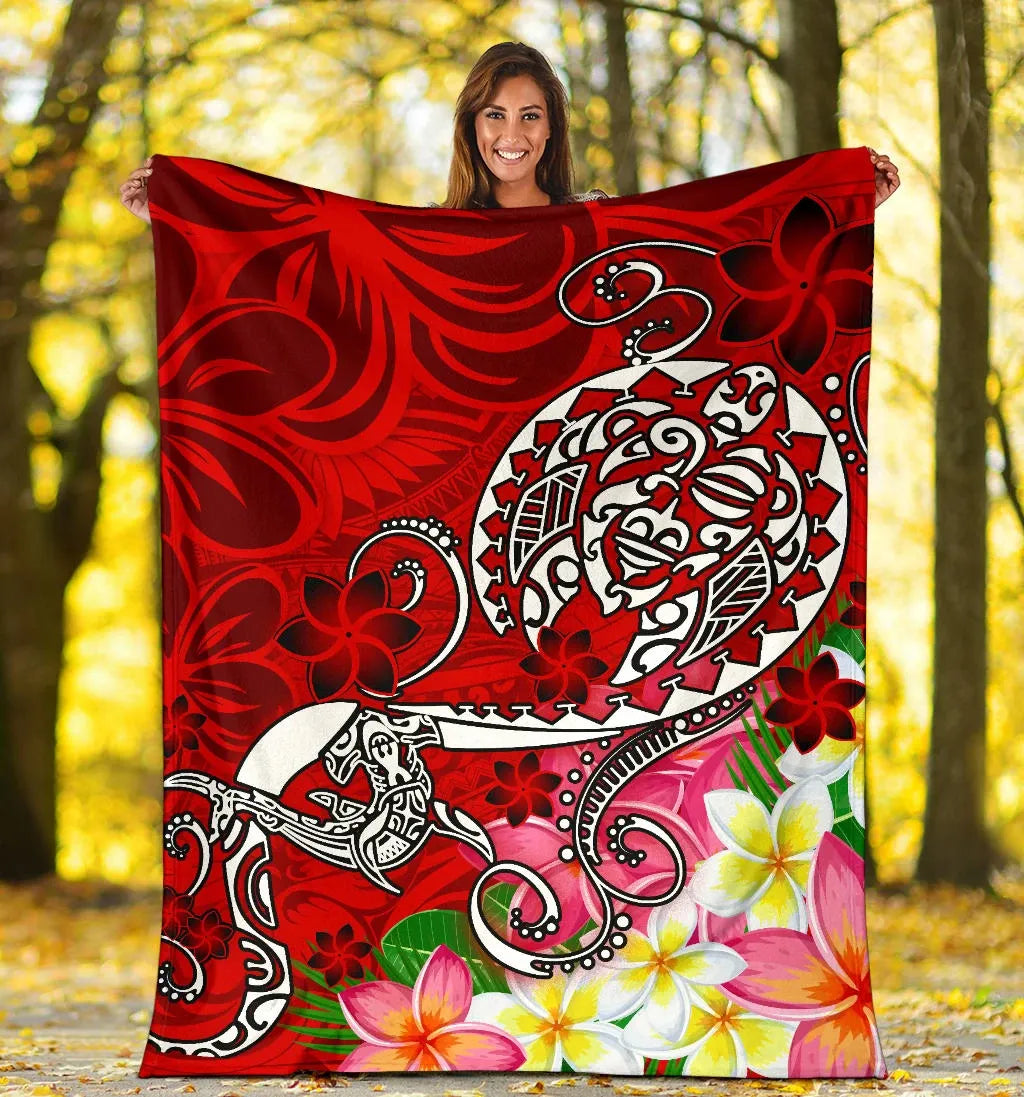 Polynesian Premium Blanket - Turtle Plumeria Red Color-Myprintsy