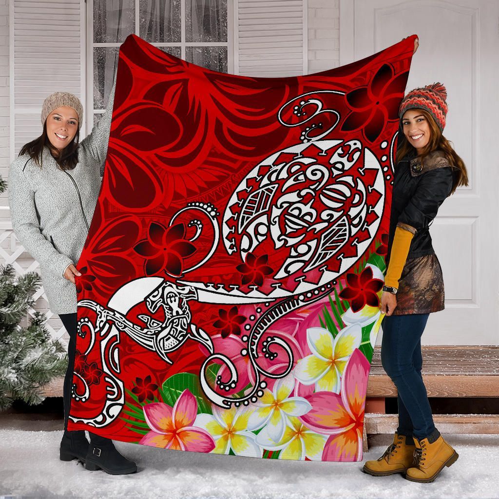 Polynesian Premium Blanket - Turtle Plumeria Red Color-Myprintsy