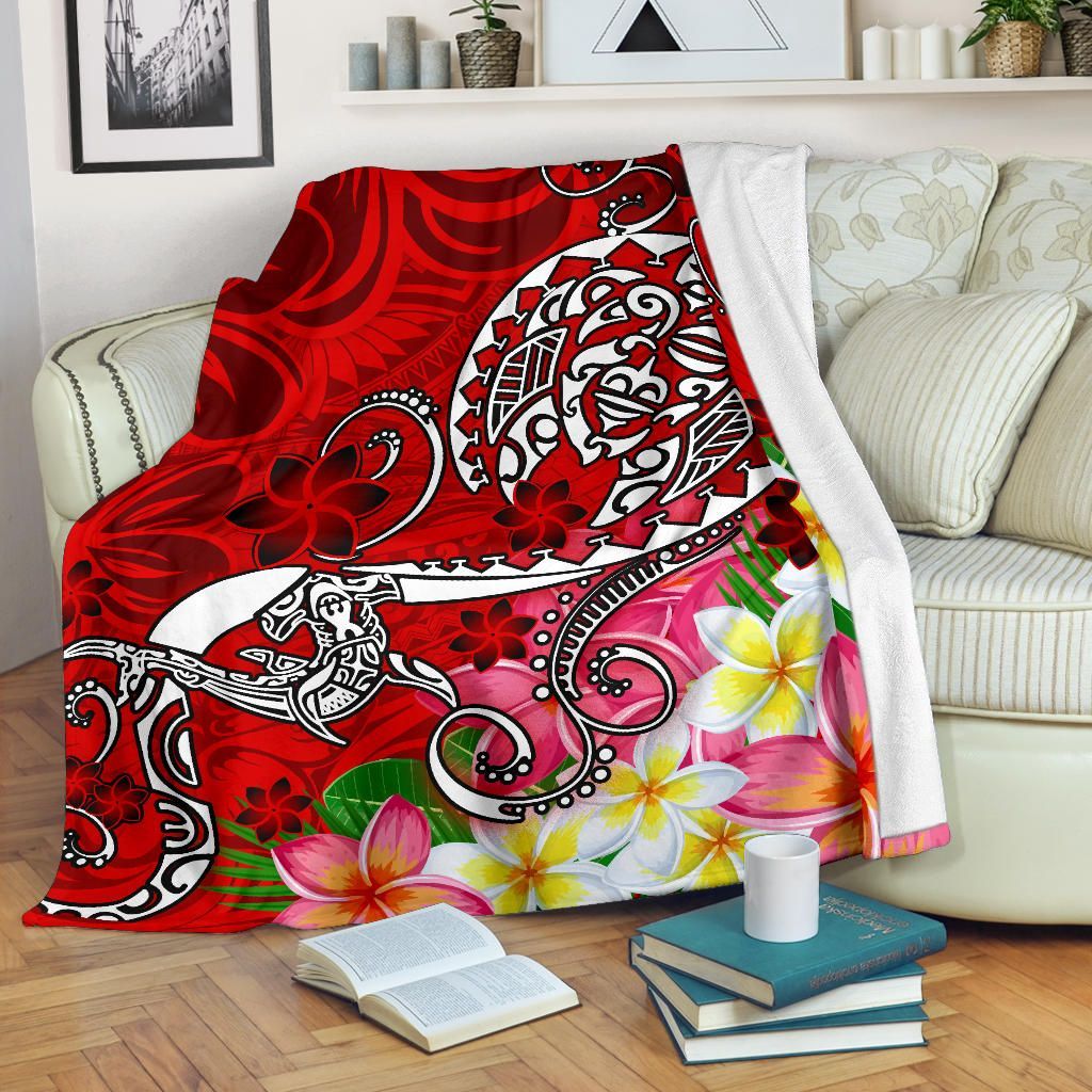 Polynesian Premium Blanket - Turtle Plumeria Red Color-Myprintsy