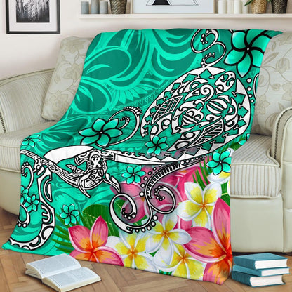 Polynesian Premium Blanket - Turtle Plumeria Turquoise Color-Myprintsy