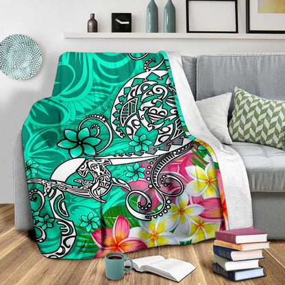 Polynesian Premium Blanket - Turtle Plumeria Turquoise Color-Myprintsy