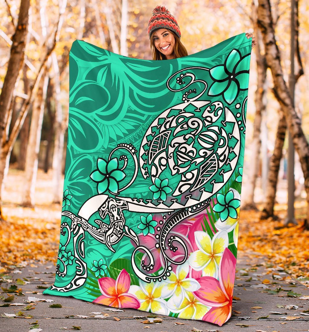 Polynesian Premium Blanket - Turtle Plumeria Turquoise Color-Myprintsy