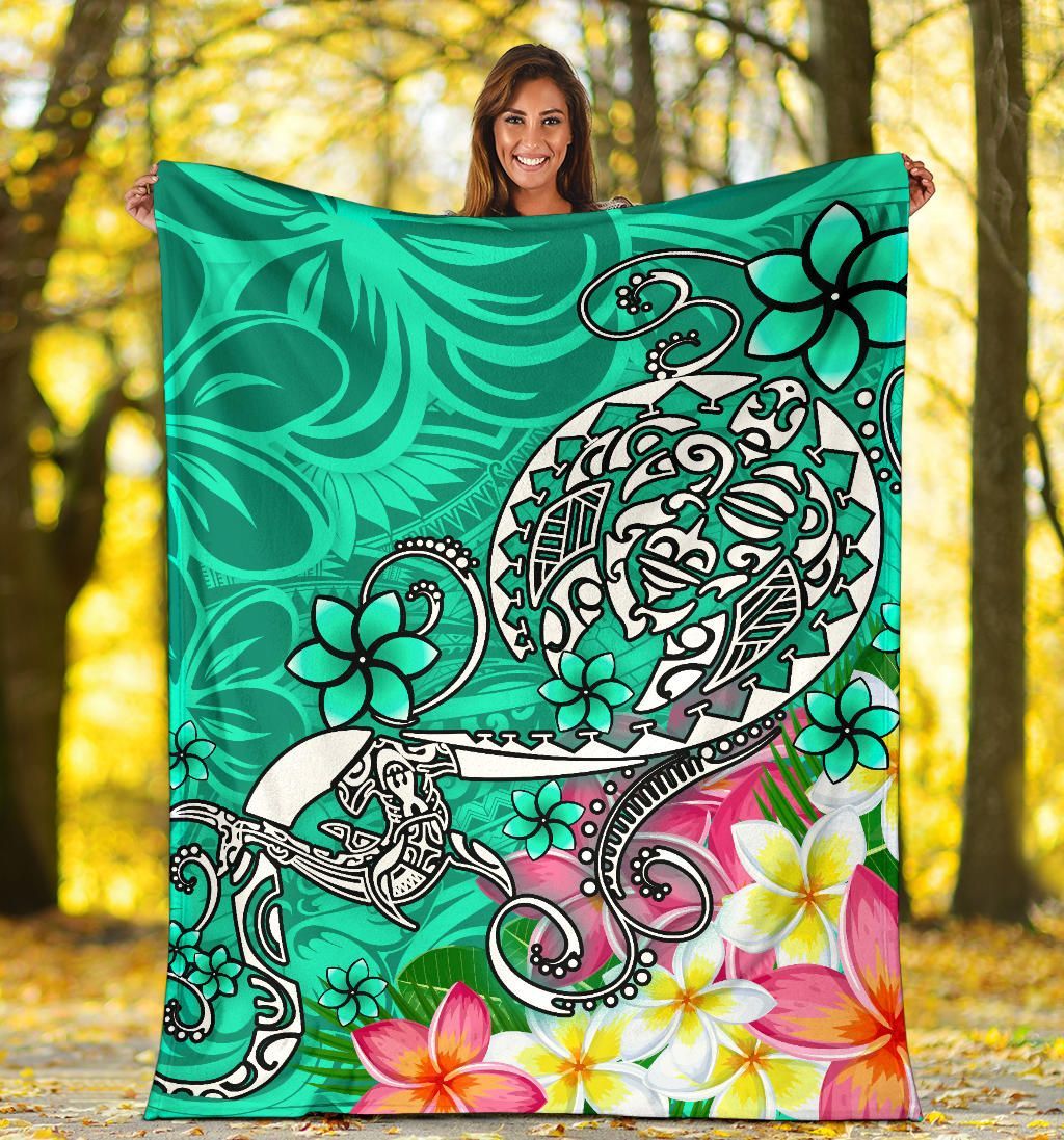 Polynesian Premium Blanket - Turtle Plumeria Turquoise Color-Myprintsy