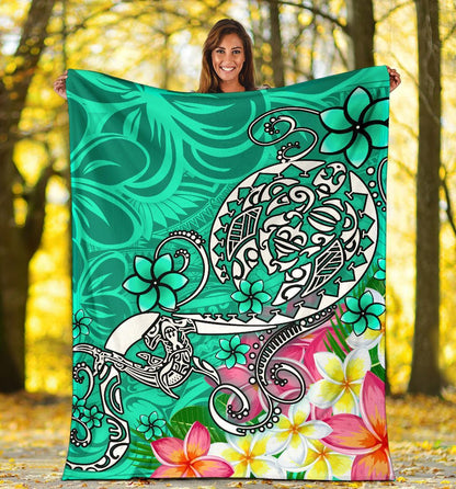 Polynesian Premium Blanket - Turtle Plumeria Turquoise Color-Myprintsy