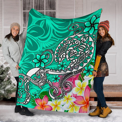 Polynesian Premium Blanket - Turtle Plumeria Turquoise Color-Myprintsy