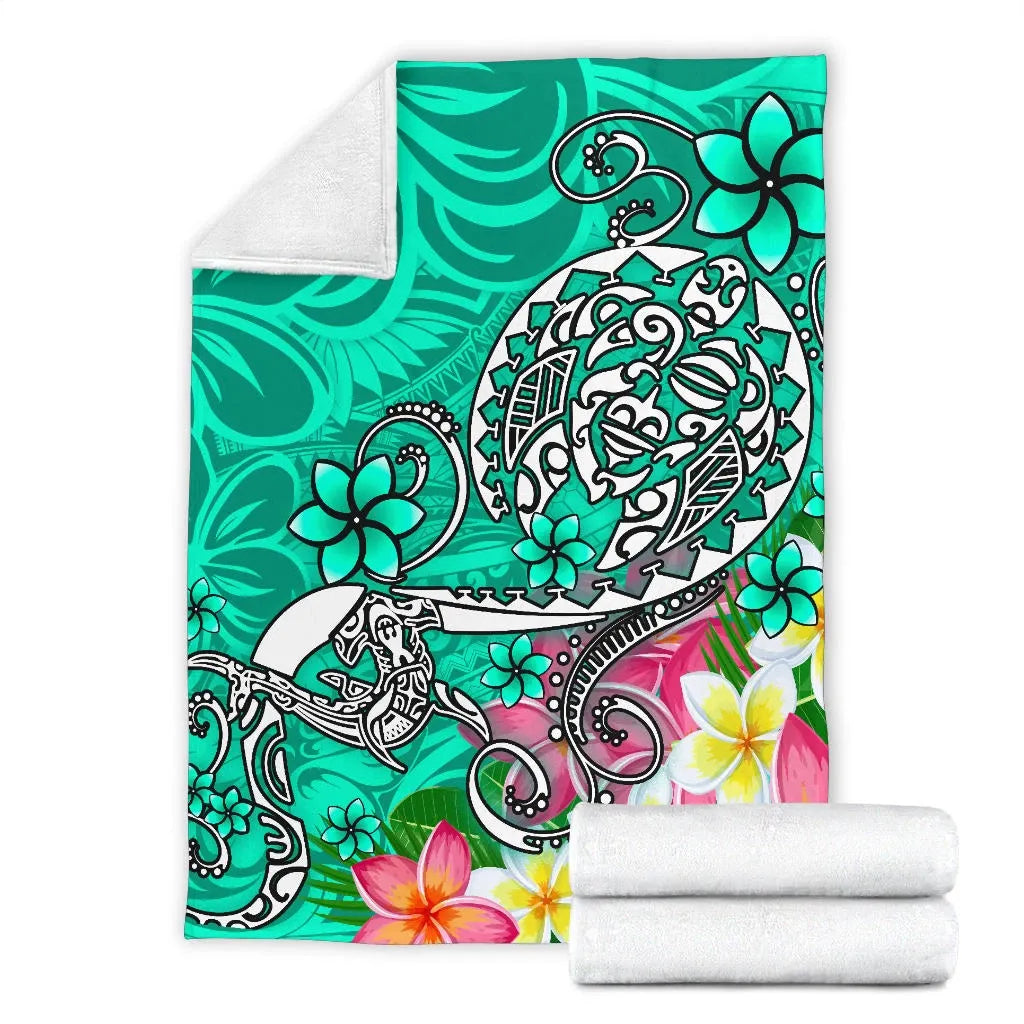 Polynesian Premium Blanket - Turtle Plumeria Turquoise Color-Myprintsy