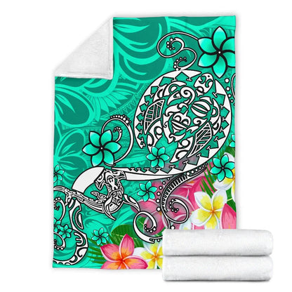 Polynesian Premium Blanket - Turtle Plumeria Turquoise Color-Myprintsy